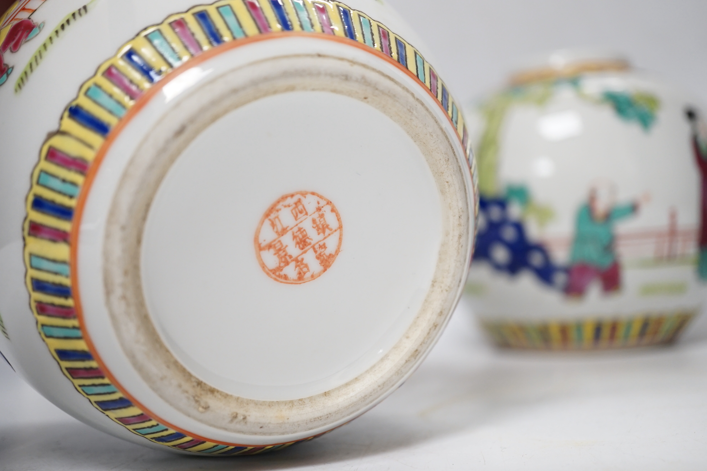 A Chinese blue and white ginger jar, a green two-handled double gourd vase, a pair of vases, and another, tallest 15cm